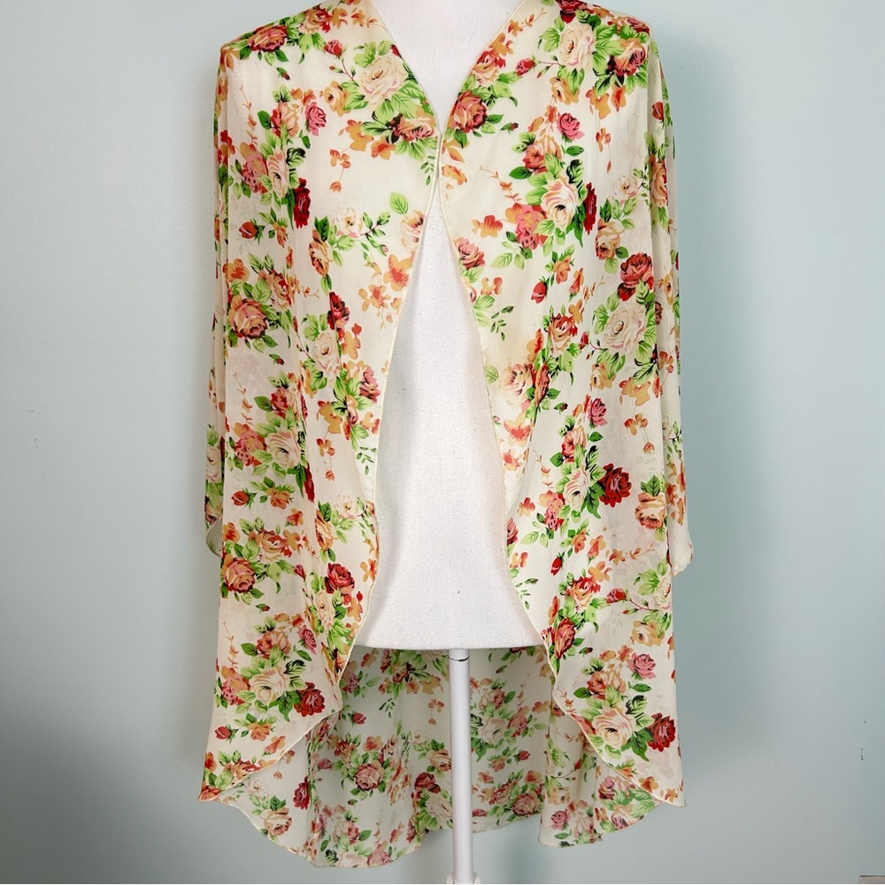 Poetry Floral Print Short Sleeve Semi Sheer Kimono Coverup